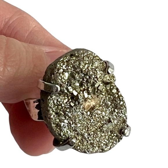 Silver Pyrite Druzy Adjustable Ring - Picture 1 of 11